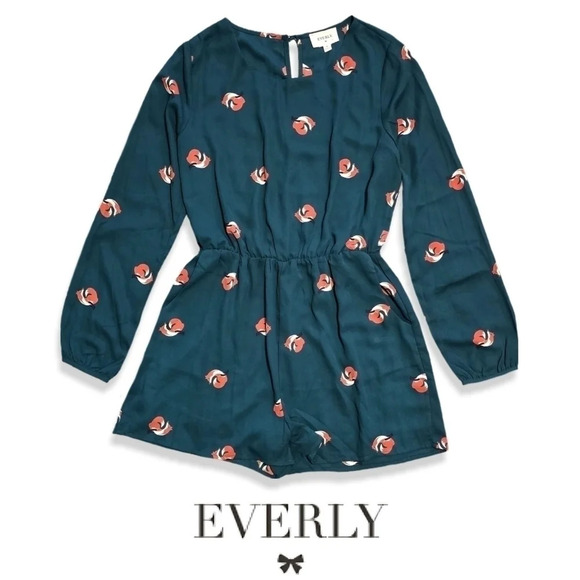 Everly Pants - EVERLY Long Sleeve Teal Novelty Fox Print Elastic Waist, Romper, Medium